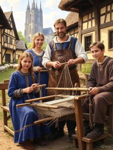 Spätes Mittelalter - Familie bei der Weberei.