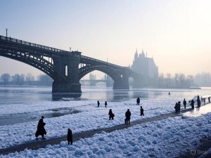 Der zugefrorene Rhein in Worms im Winter 1928/29